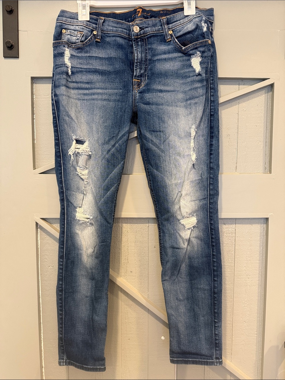 7 For All Mankind The Ankle Cropped Distressed Slim Jeans